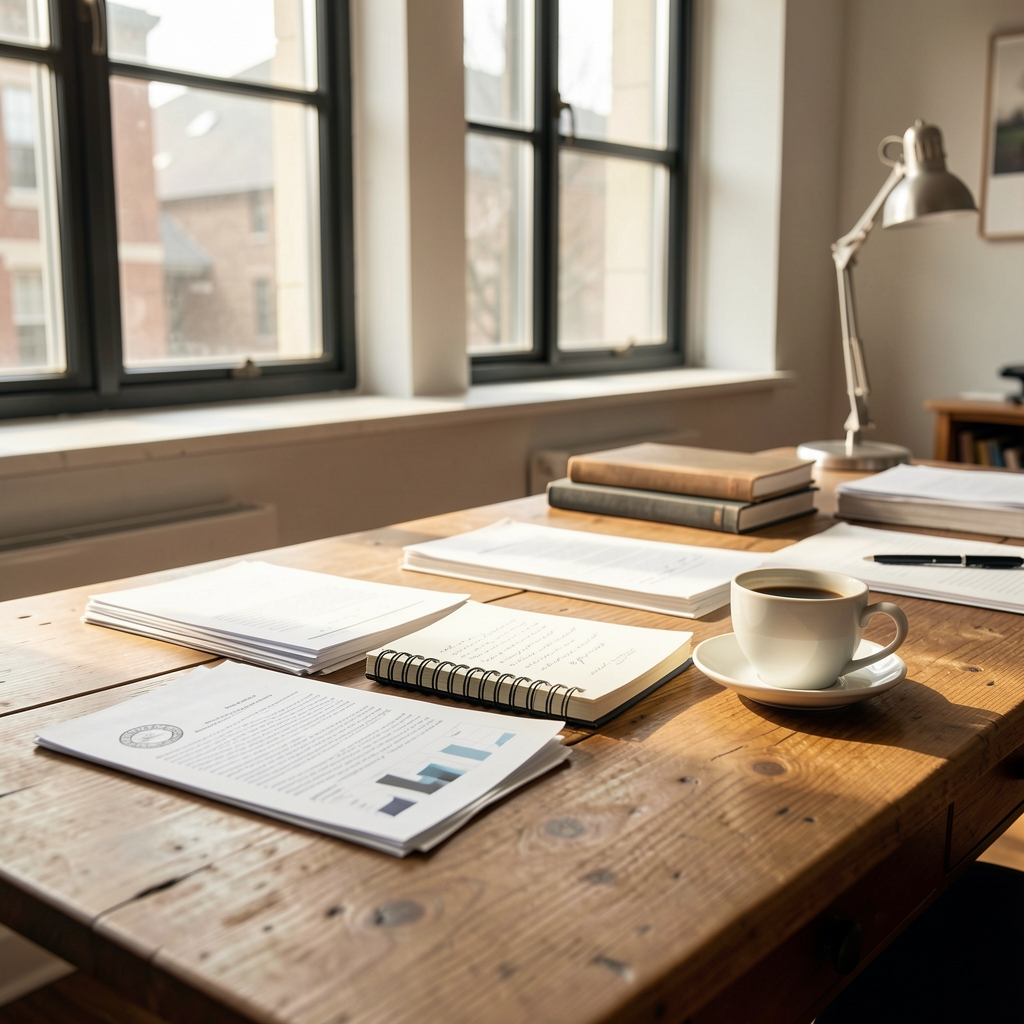 Editorial workspace with papers, notebooks and a cup of coffee on a wooden desk, morning light coming through large windows
