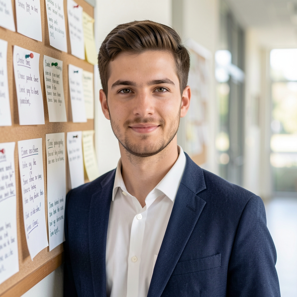 Portrait of Jasper Holloway, section editor, leaning against a wall in a bright corridor with editorial notes pinned to a board visible behind him