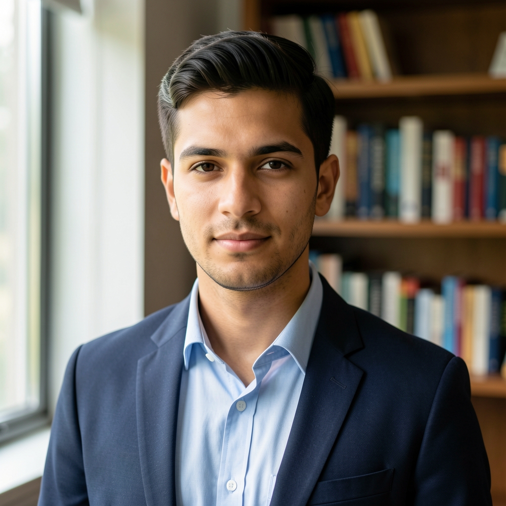 Portrait of Tobias Marsden, contributing writer, in a study with natural light from a side window and a bookshelf in soft focus behind him