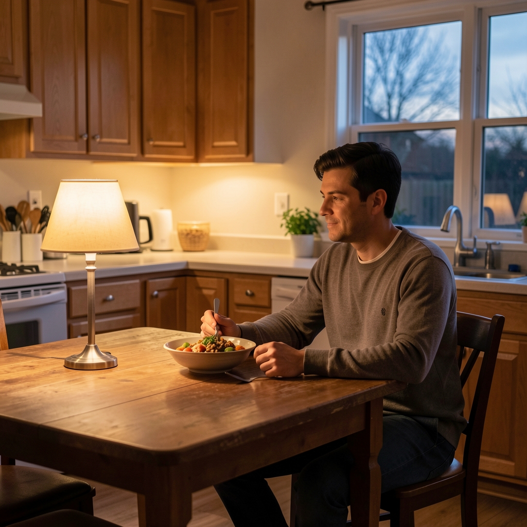 A person sitting alone at a kitchen table at dusk with a bowl of food, soft lamp light casting warm shadows across the room