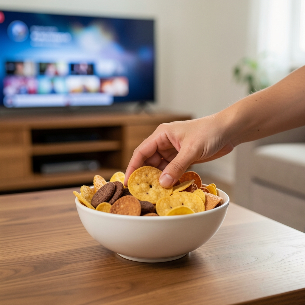 Close-up of a hand reaching into a bowl of snacks on a coffee table with a softly blurred television screen in the background, casual domestic setting