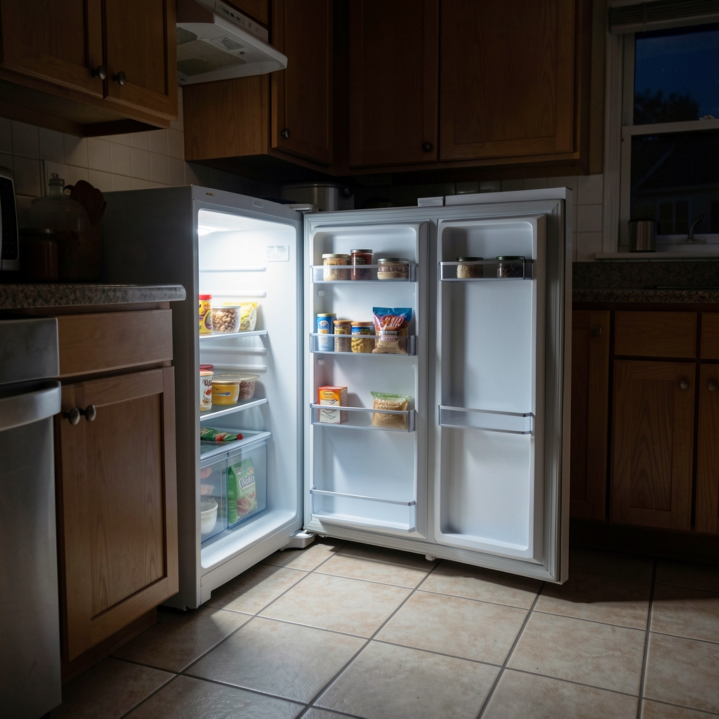 A dimly lit kitchen counter at night with an open fridge casting a pale glow onto the floor tiles, suggesting late-night food searching