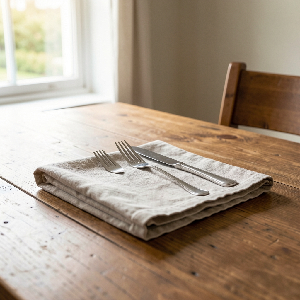 Single place setting at a wooden dining table with cutlery resting on a folded linen napkin, no distractions visible, bright morning light from a nearby window