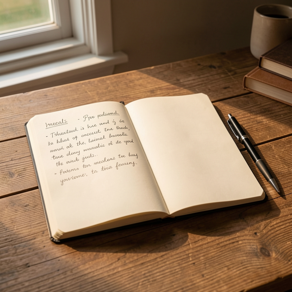 An open notebook lying flat on a wooden desk with handwritten notes about meals, a pen resting at the side under warm daylight from a nearby window