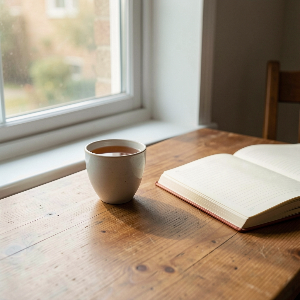 A still morning table set with a single cup of tea and an open notebook beside a window with soft natural light filtering through